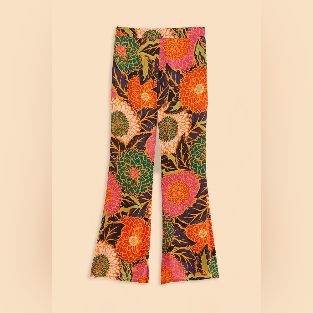 Farm Rio Multicolor Vintage Garden Satin Flare Pants XS NEW!